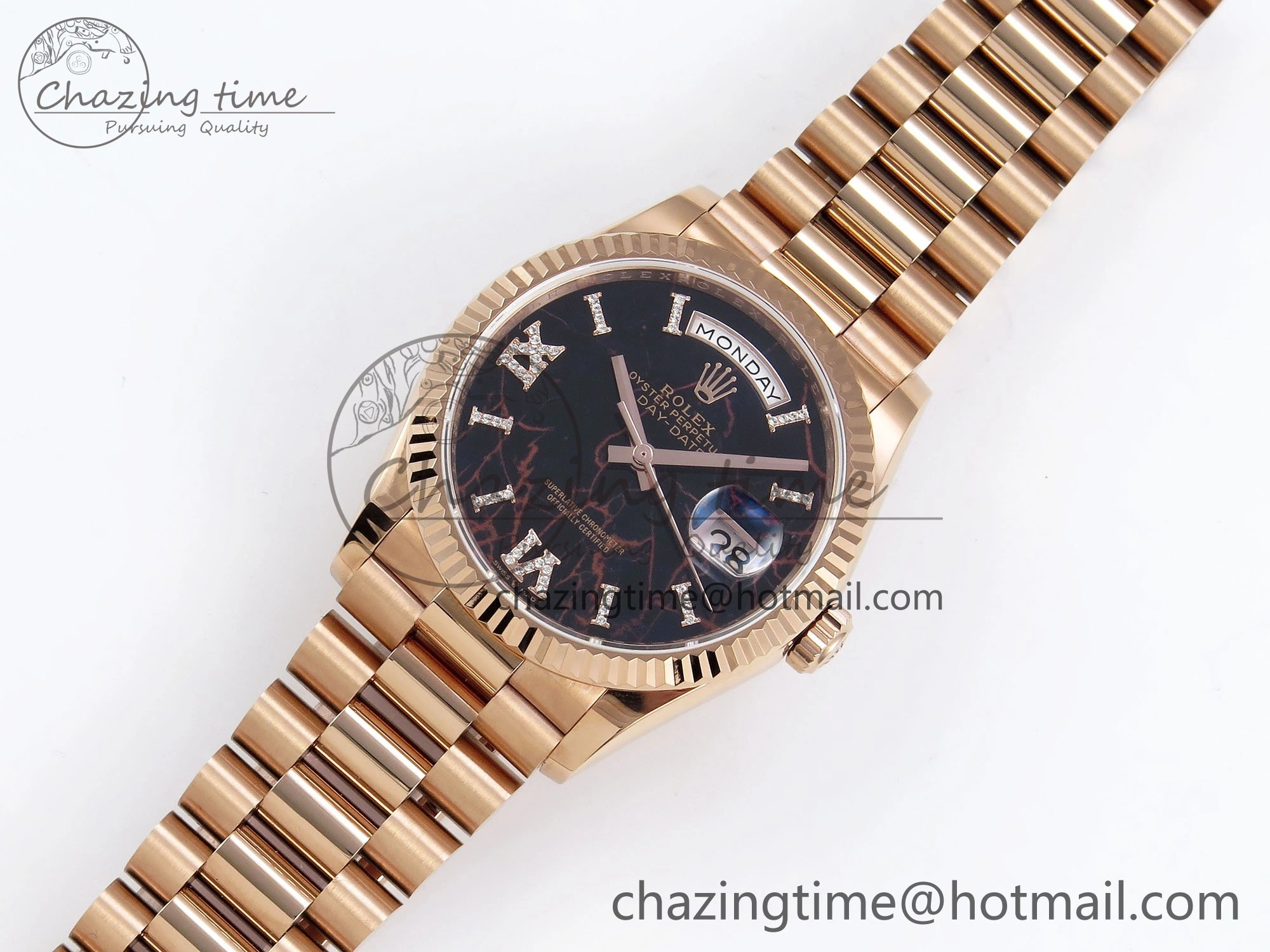 Day Date 36 RG TWSF Best Edition Black Roman Diamonds Dial on RG Bracelet A Affordable 1609