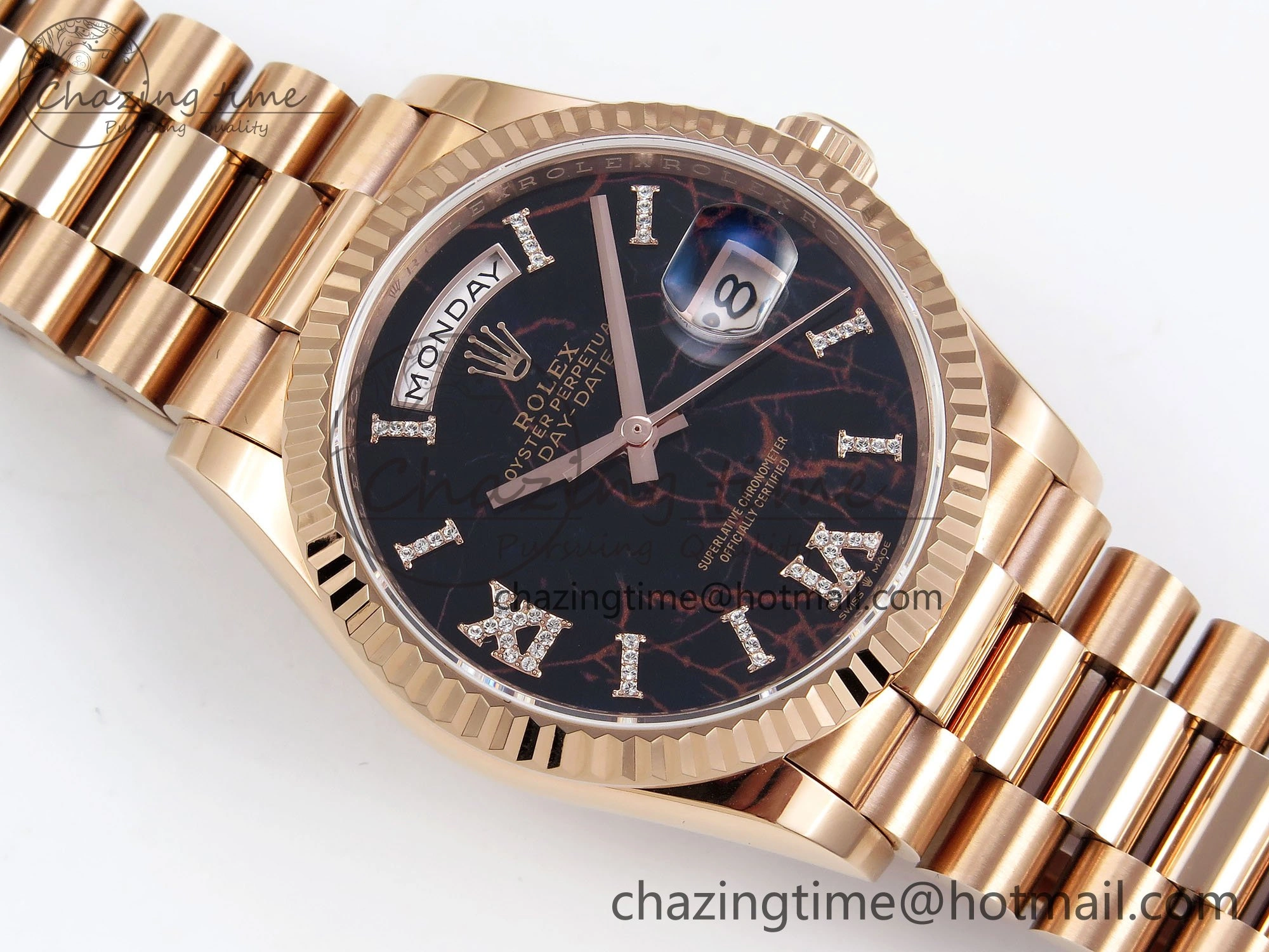 Day Date 36 RG TWSF Best Edition Black Roman Diamonds Dial on RG Bracelet A Affordable 1609