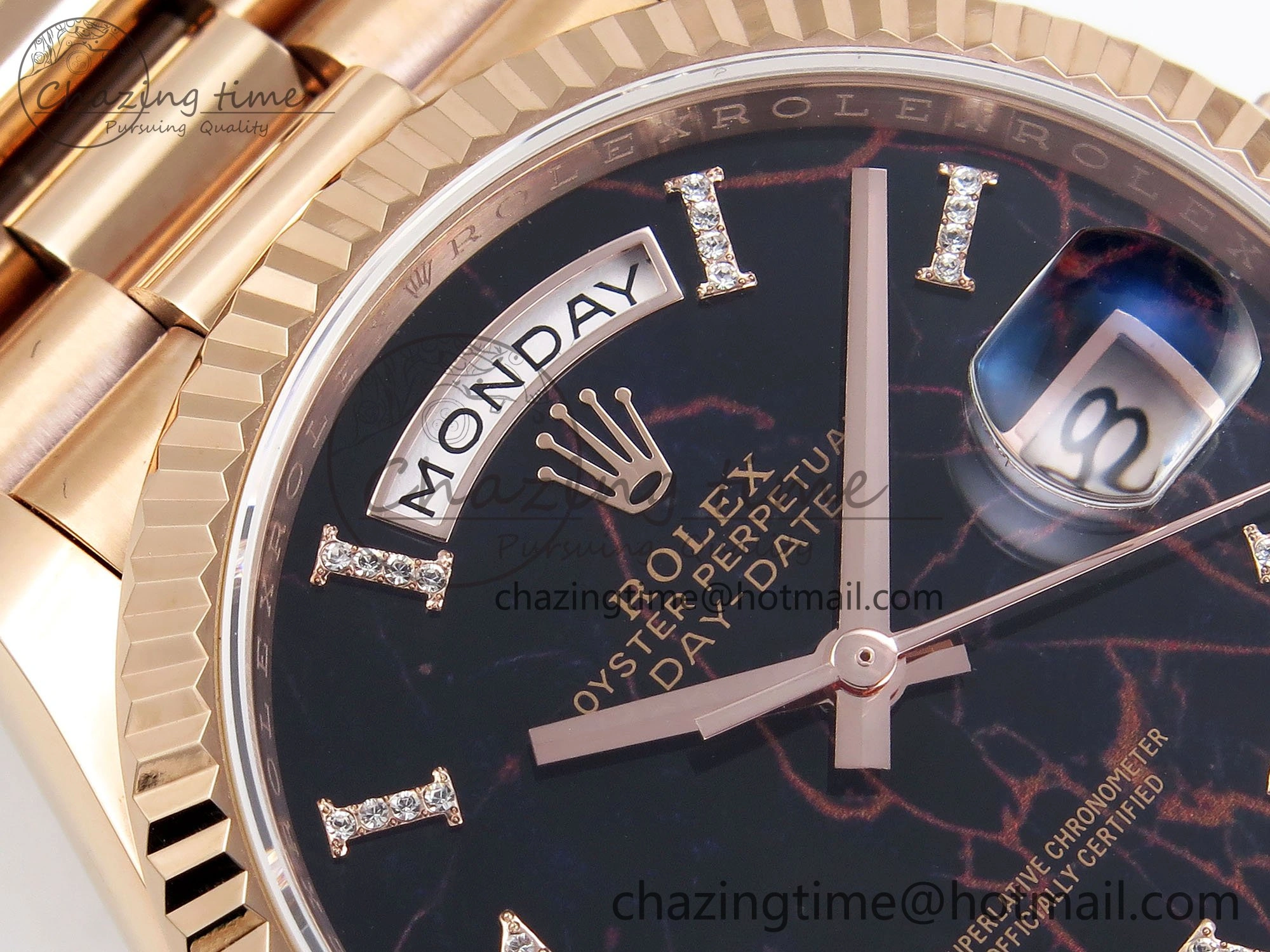 Day Date 36 RG TWSF Best Edition Black Roman Diamonds Dial on RG Bracelet A Affordable 1609