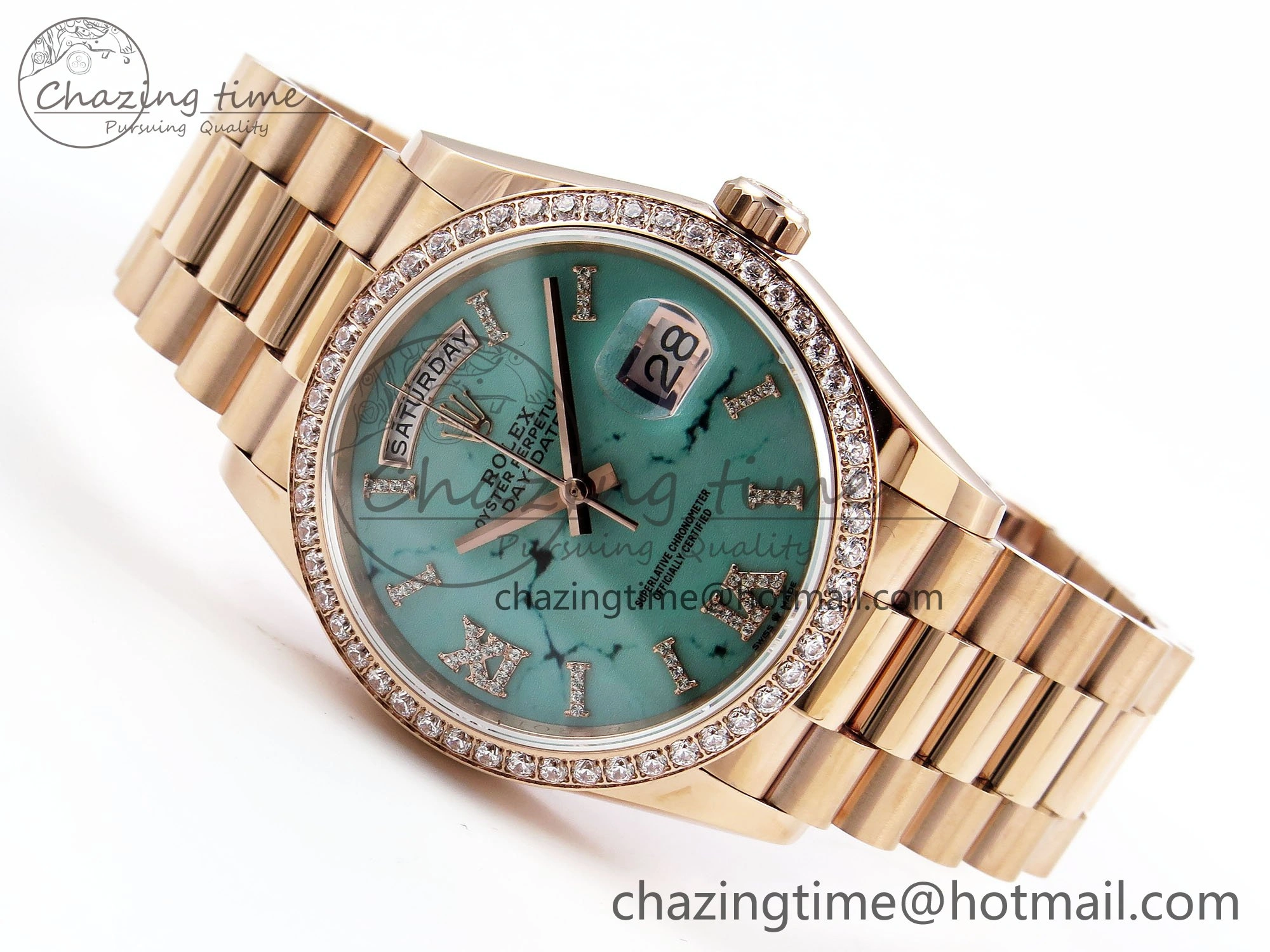 HighPerformance Day Date 36 RG TWSF Best Edition Blue Roman Diamonds Dial Diamonds Bezel on RG Bracelet A 1607
