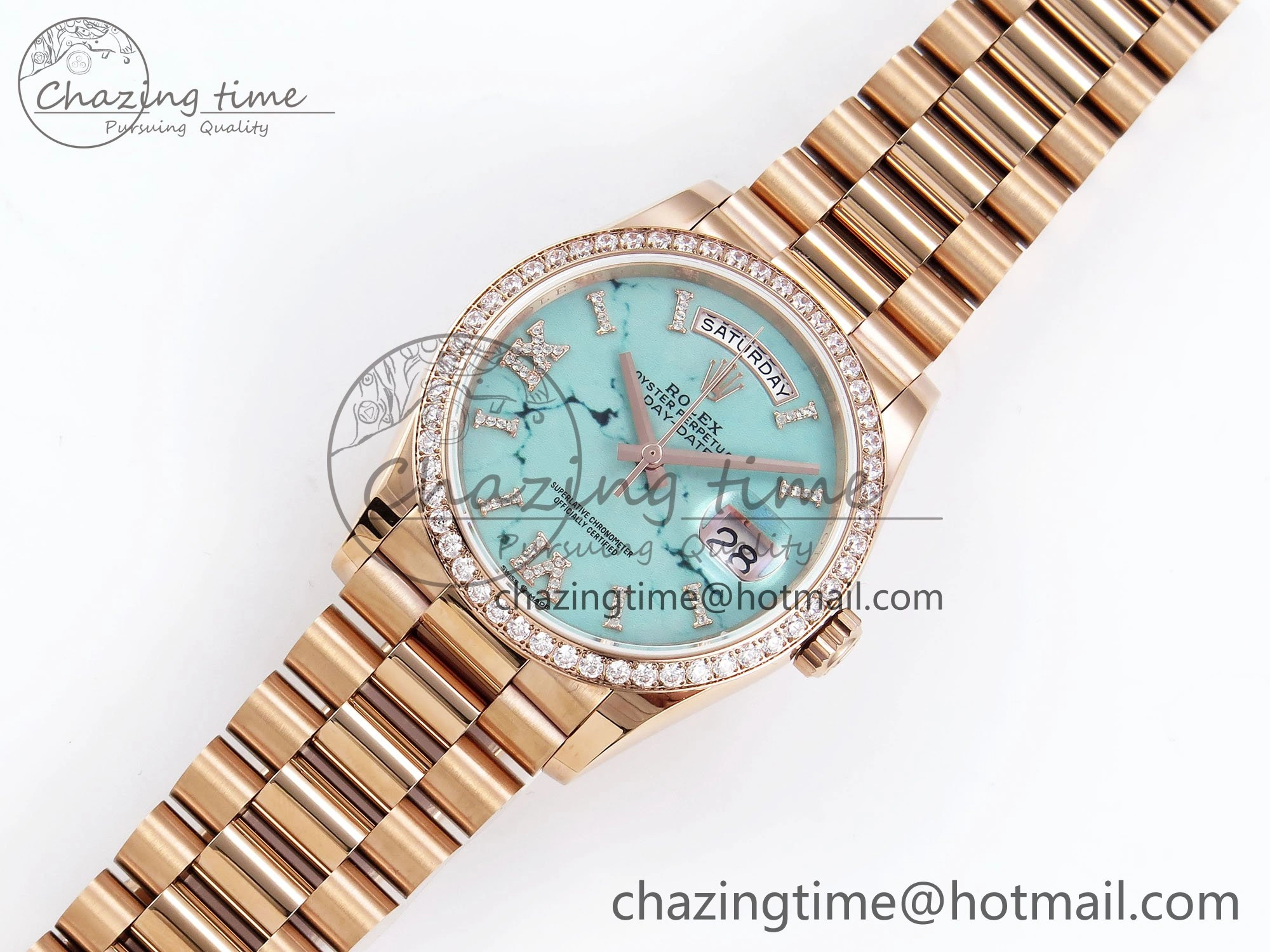 HighPerformance Day Date 36 RG TWSF Best Edition Blue Roman Diamonds Dial Diamonds Bezel on RG Bracelet A 1607