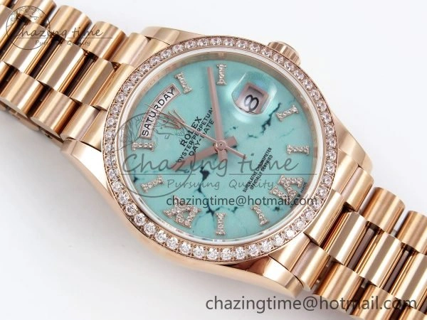 HighPerformance Day Date 36 RG TWSF Best Edition Blue Roman Diamonds Dial Diamonds Bezel on RG Bracelet A 1607