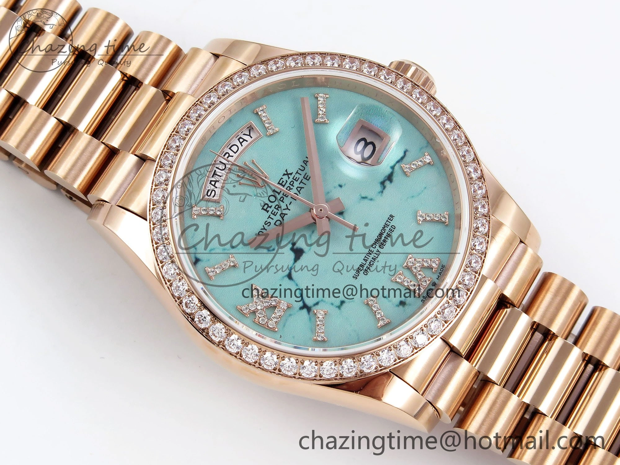 HighPerformance Day Date 36 RG TWSF Best Edition Blue Roman Diamonds Dial Diamonds Bezel on RG Bracelet A 1607