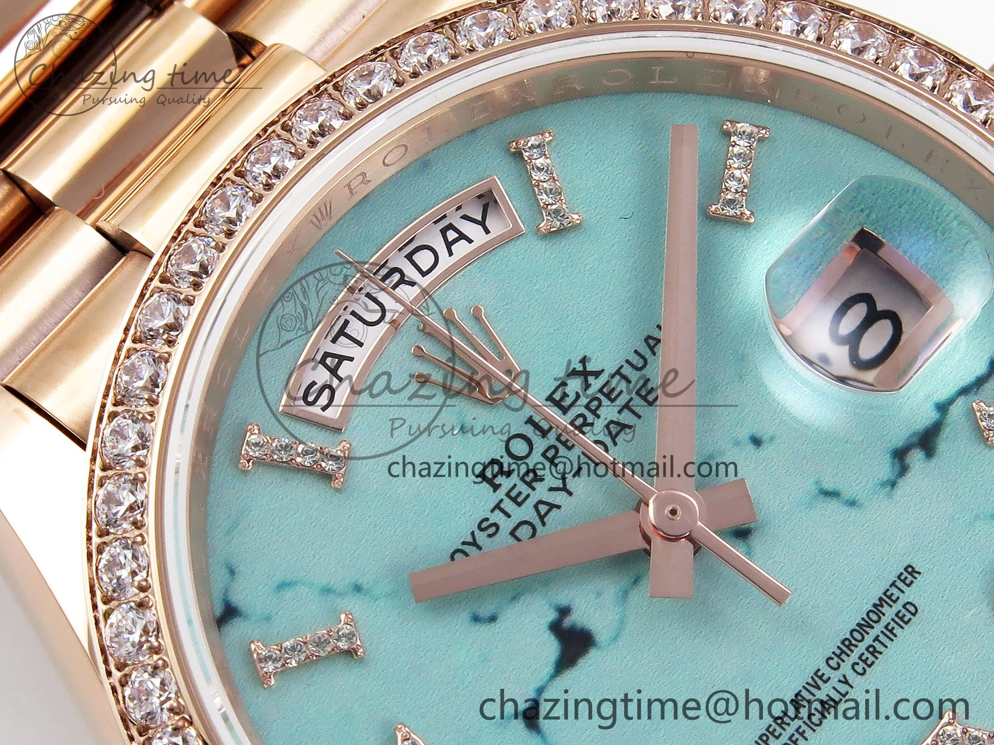 HighPerformance Day Date 36 RG TWSF Best Edition Blue Roman Diamonds Dial Diamonds Bezel on RG Bracelet A 1607
