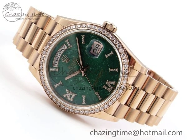 Durable Day Date 36 RG TWSF Best Edition Green Roman Diamonds Dial Diamonds Bezel on RG Bracelet A 1608