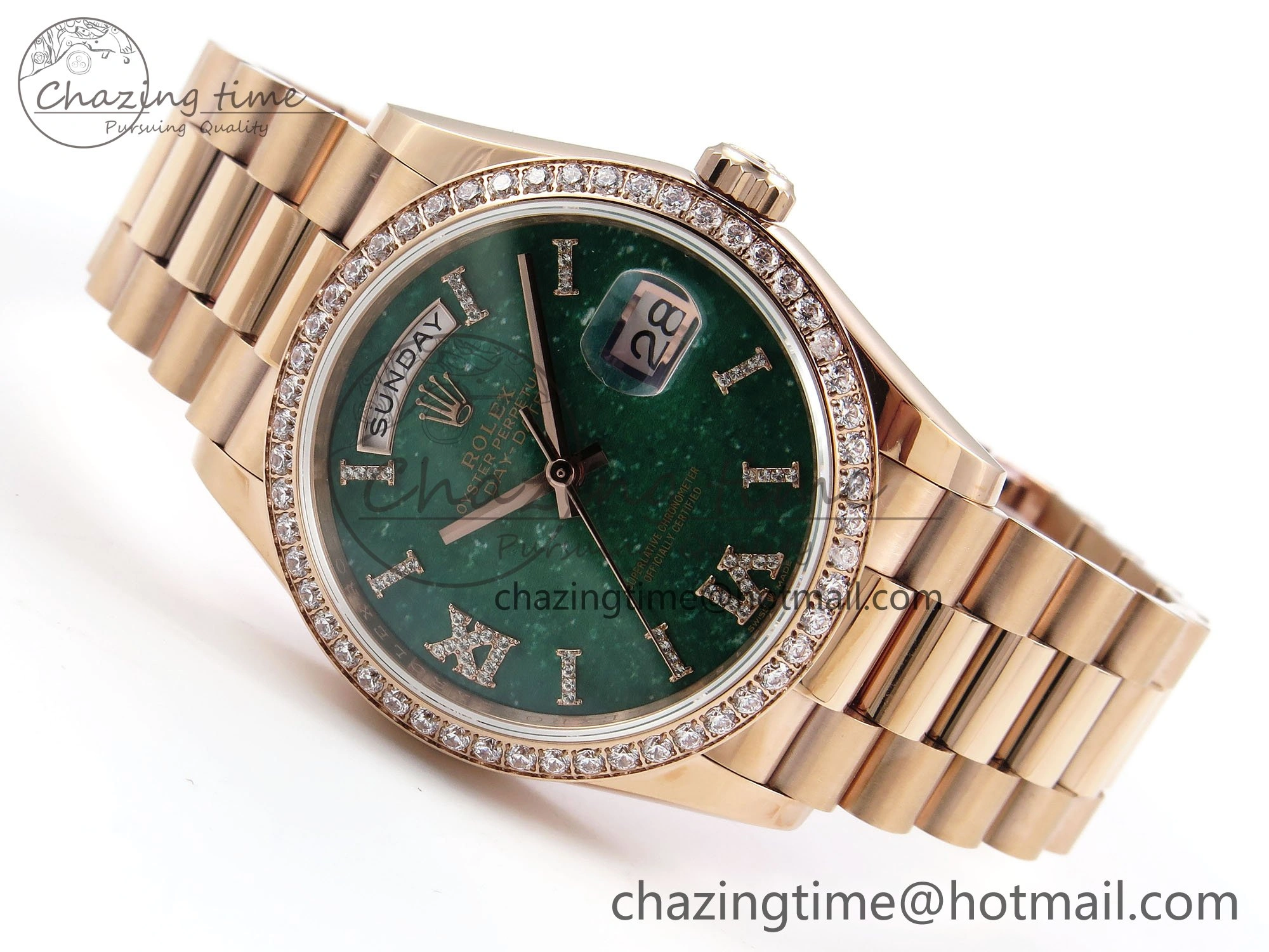 Durable Day Date 36 RG TWSF Best Edition Green Roman Diamonds Dial Diamonds Bezel on RG Bracelet A 1608