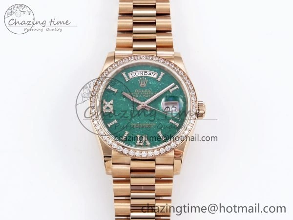 Durable Day Date 36 RG TWSF Best Edition Green Roman Diamonds Dial Diamonds Bezel on RG Bracelet A 1608