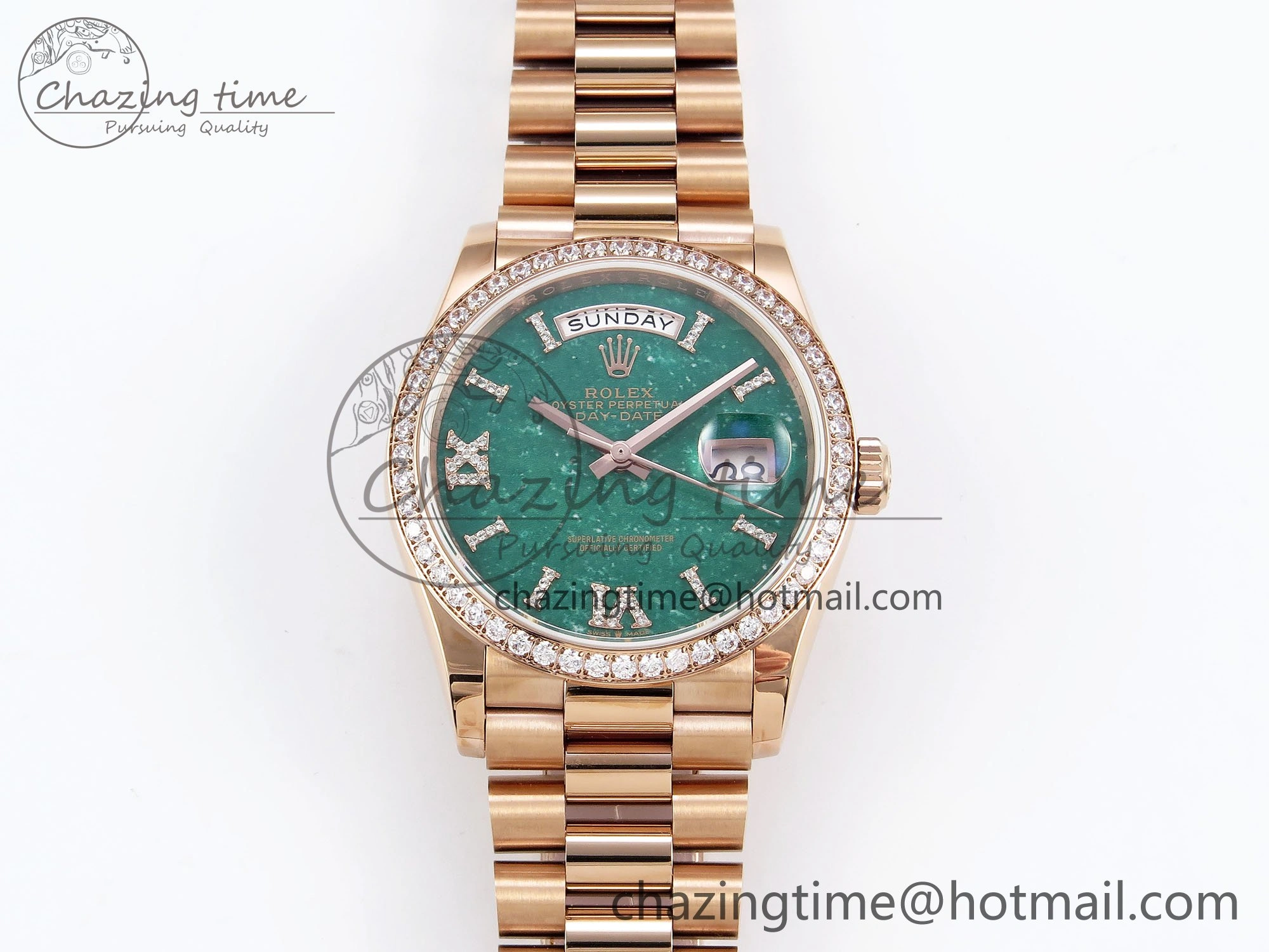 Durable Day Date 36 RG TWSF Best Edition Green Roman Diamonds Dial Diamonds Bezel on RG Bracelet A 1608