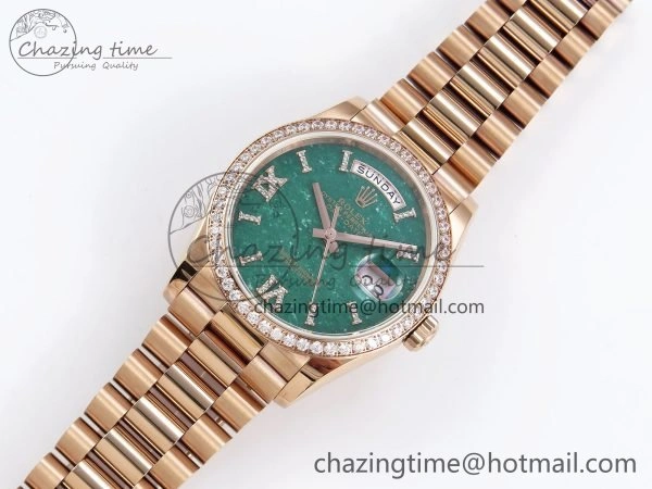 Durable Day Date 36 RG TWSF Best Edition Green Roman Diamonds Dial Diamonds Bezel on RG Bracelet A 1608