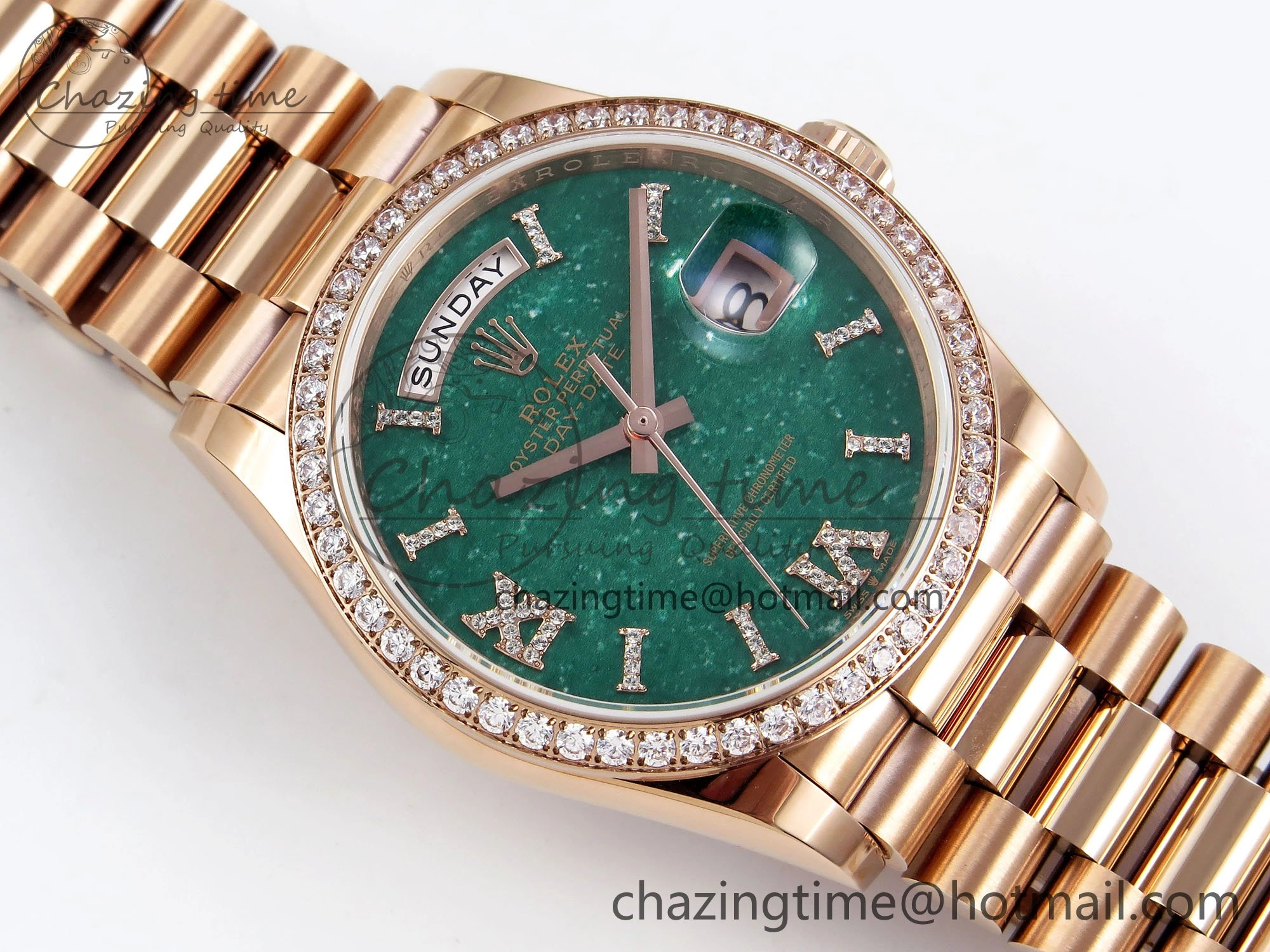 Durable Day Date 36 RG TWSF Best Edition Green Roman Diamonds Dial Diamonds Bezel on RG Bracelet A 1608
