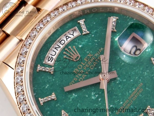 Durable Day Date 36 RG TWSF Best Edition Green Roman Diamonds Dial Diamonds Bezel on RG Bracelet A 1608