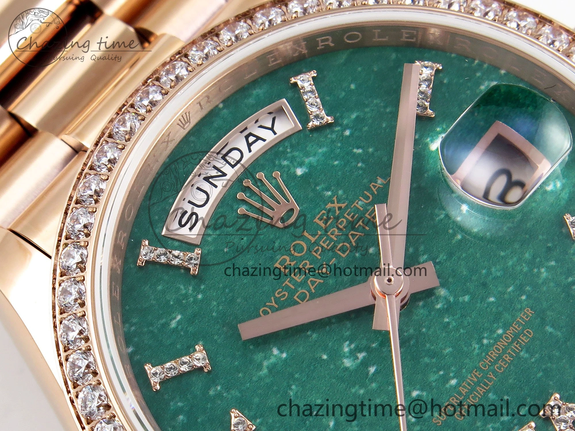 Durable Day Date 36 RG TWSF Best Edition Green Roman Diamonds Dial Diamonds Bezel on RG Bracelet A 1608