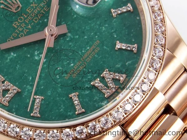 Durable Day Date 36 RG TWSF Best Edition Green Roman Diamonds Dial Diamonds Bezel on RG Bracelet A 1608