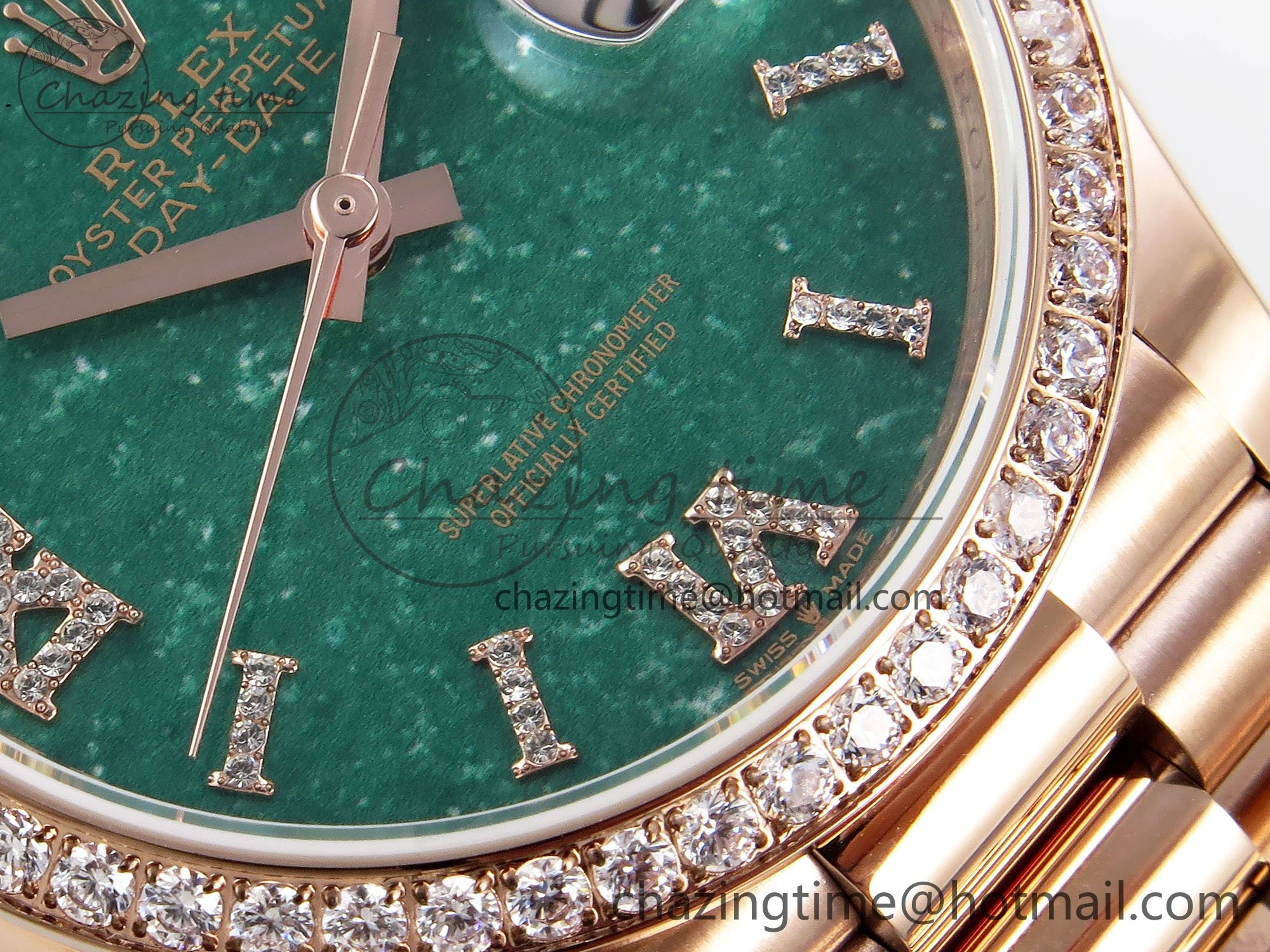Durable Day Date 36 RG TWSF Best Edition Green Roman Diamonds Dial Diamonds Bezel on RG Bracelet A 1608