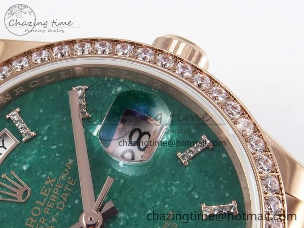 Durable Day Date 36 RG TWSF Best Edition Green Roman Diamonds Dial Diamonds Bezel on RG Bracelet A 1608