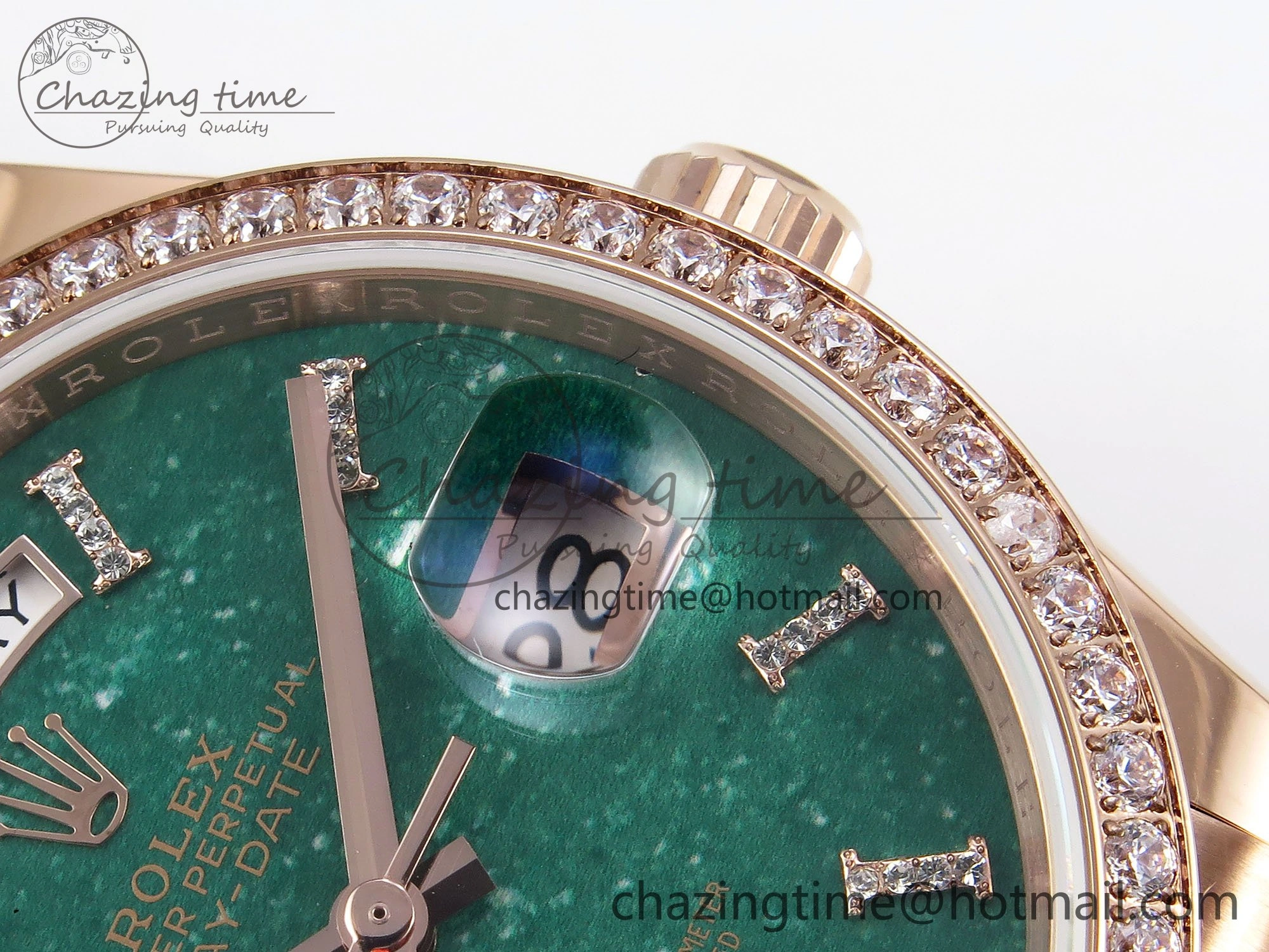 Durable Day Date 36 RG TWSF Best Edition Green Roman Diamonds Dial Diamonds Bezel on RG Bracelet A 1608