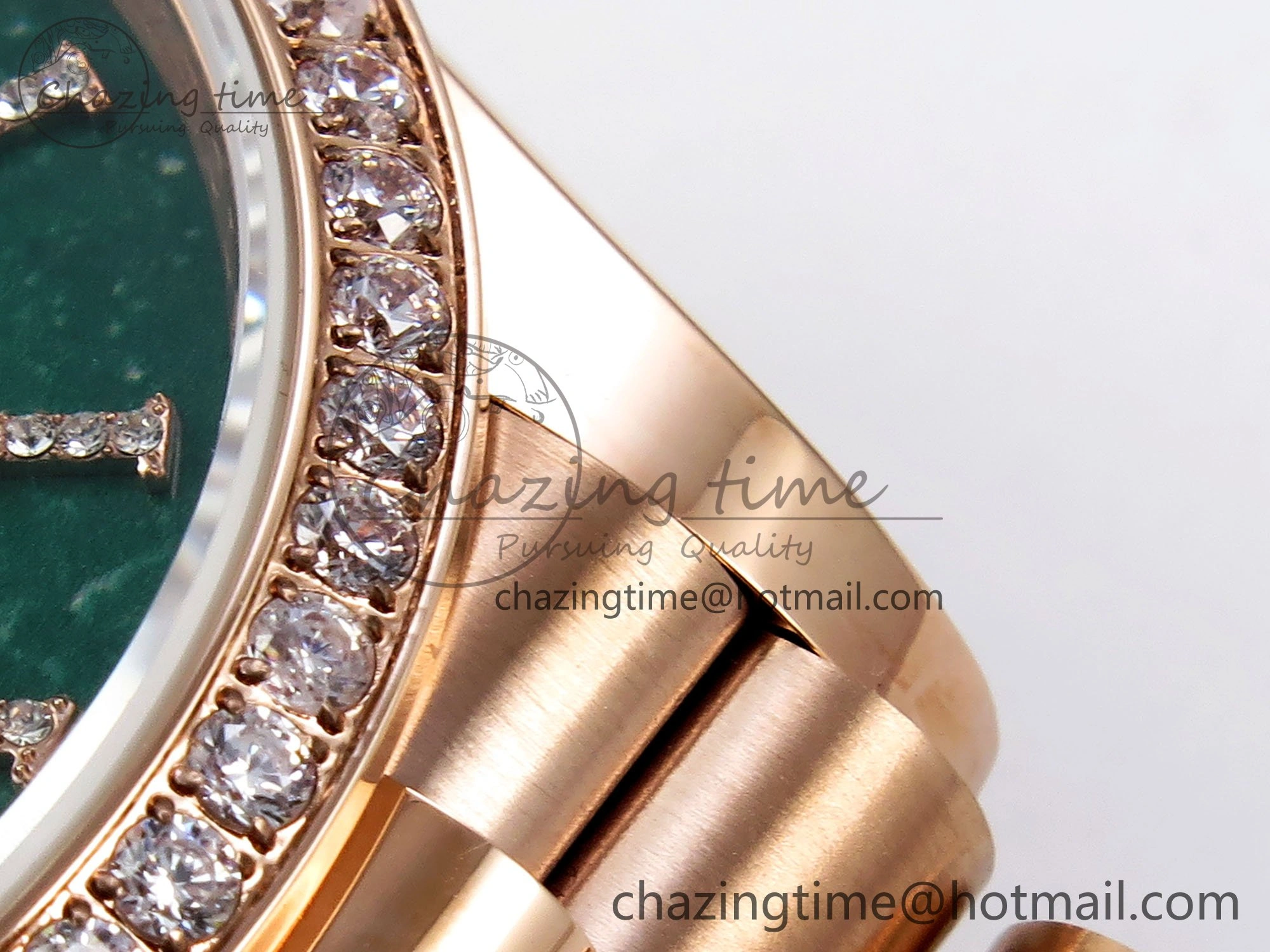 Durable Day Date 36 RG TWSF Best Edition Green Roman Diamonds Dial Diamonds Bezel on RG Bracelet A 1608