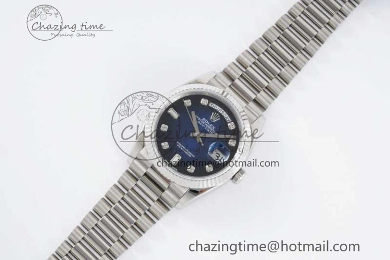 Fashionable Day Date 36 SS RAF Best Edition Blue Black Diamonds Dial on YG Bracelet A 2016