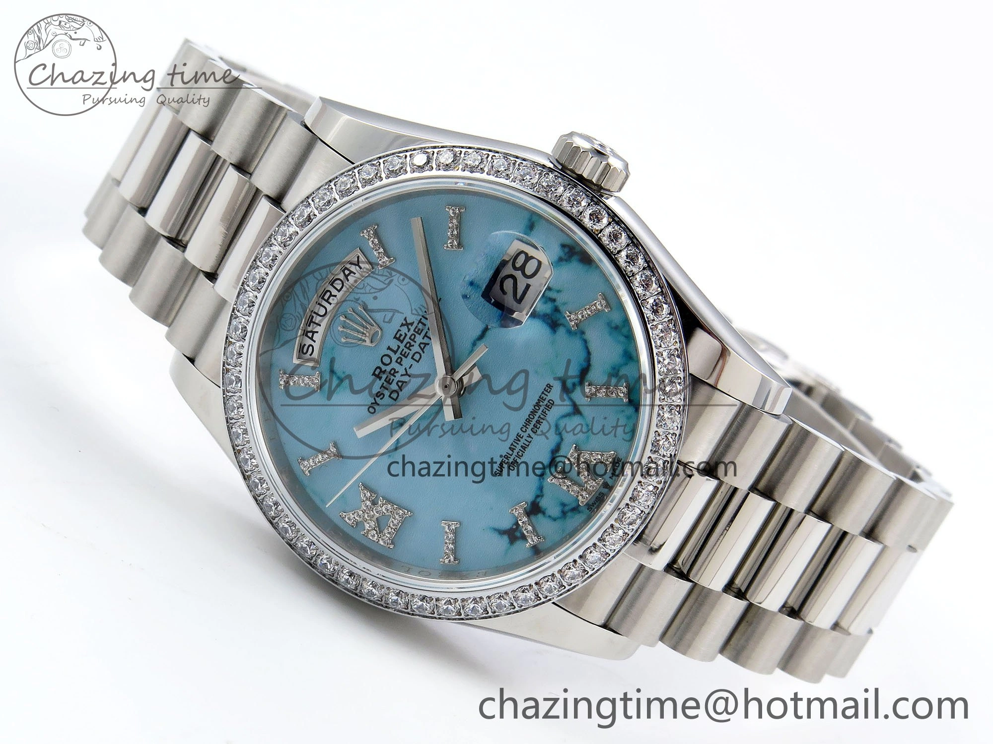 Day Date 36 SS TWSF Best Edition Blue Roman Diamonds Dial Diamonds Bezel on SS Bracelet A Minimalist 1600