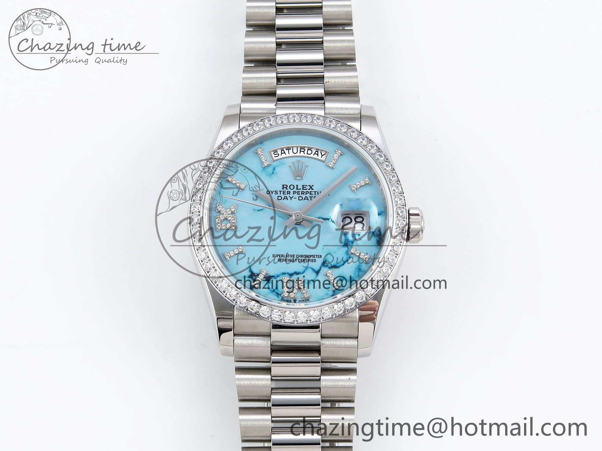 Day Date 36 SS TWSF Best Edition Blue Roman Diamonds Dial Diamonds Bezel on SS Bracelet A Minimalist 1600