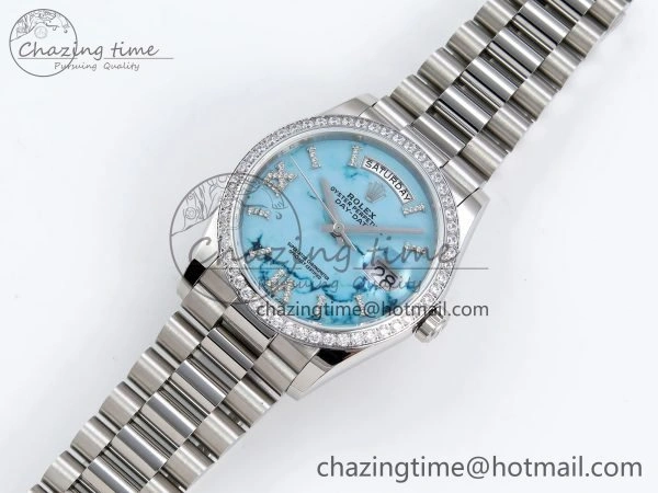 Day Date 36 SS TWSF Best Edition Blue Roman Diamonds Dial Diamonds Bezel on SS Bracelet A Minimalist 1600