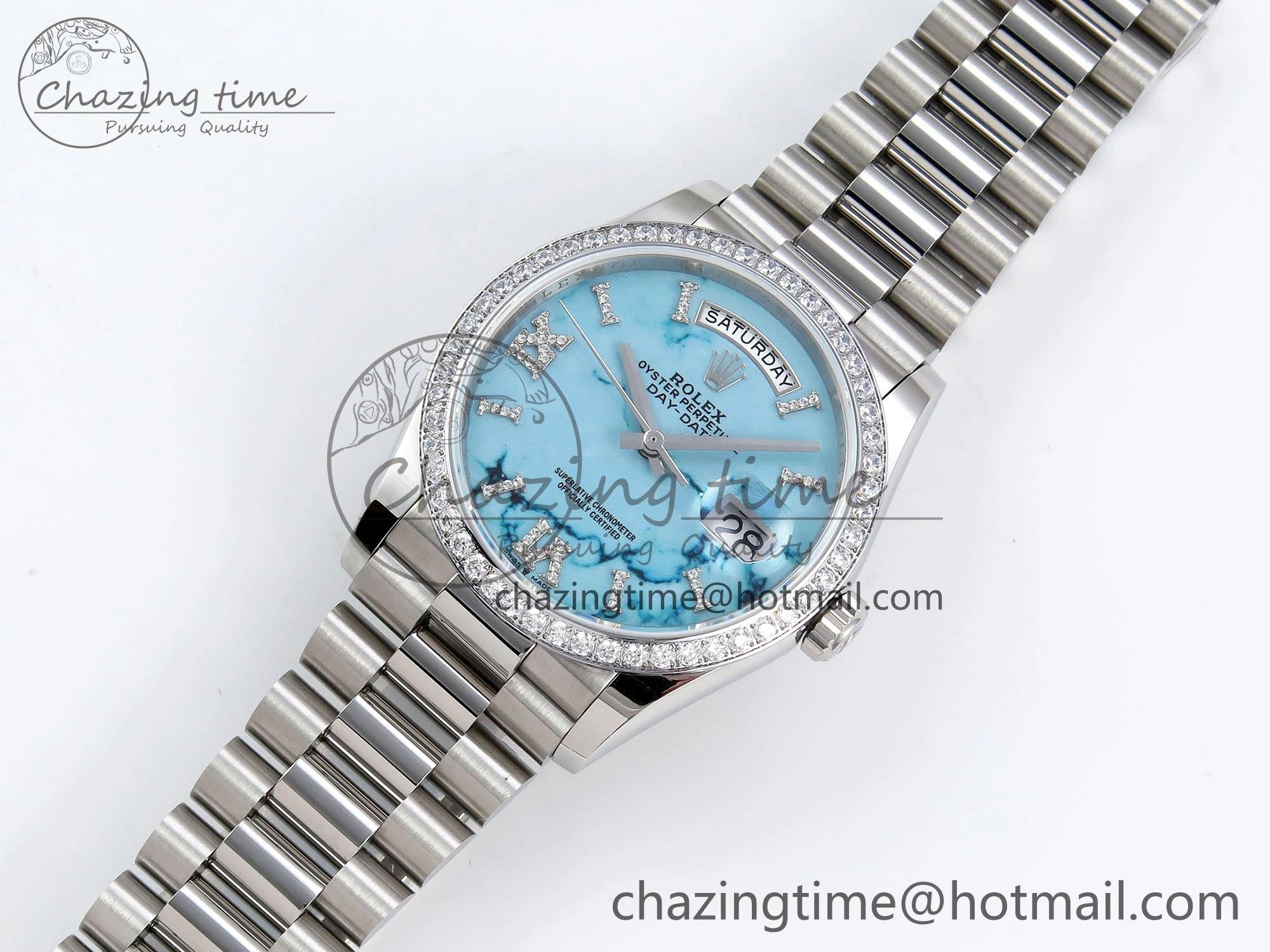 Day Date 36 SS TWSF Best Edition Blue Roman Diamonds Dial Diamonds Bezel on SS Bracelet A Minimalist 1600