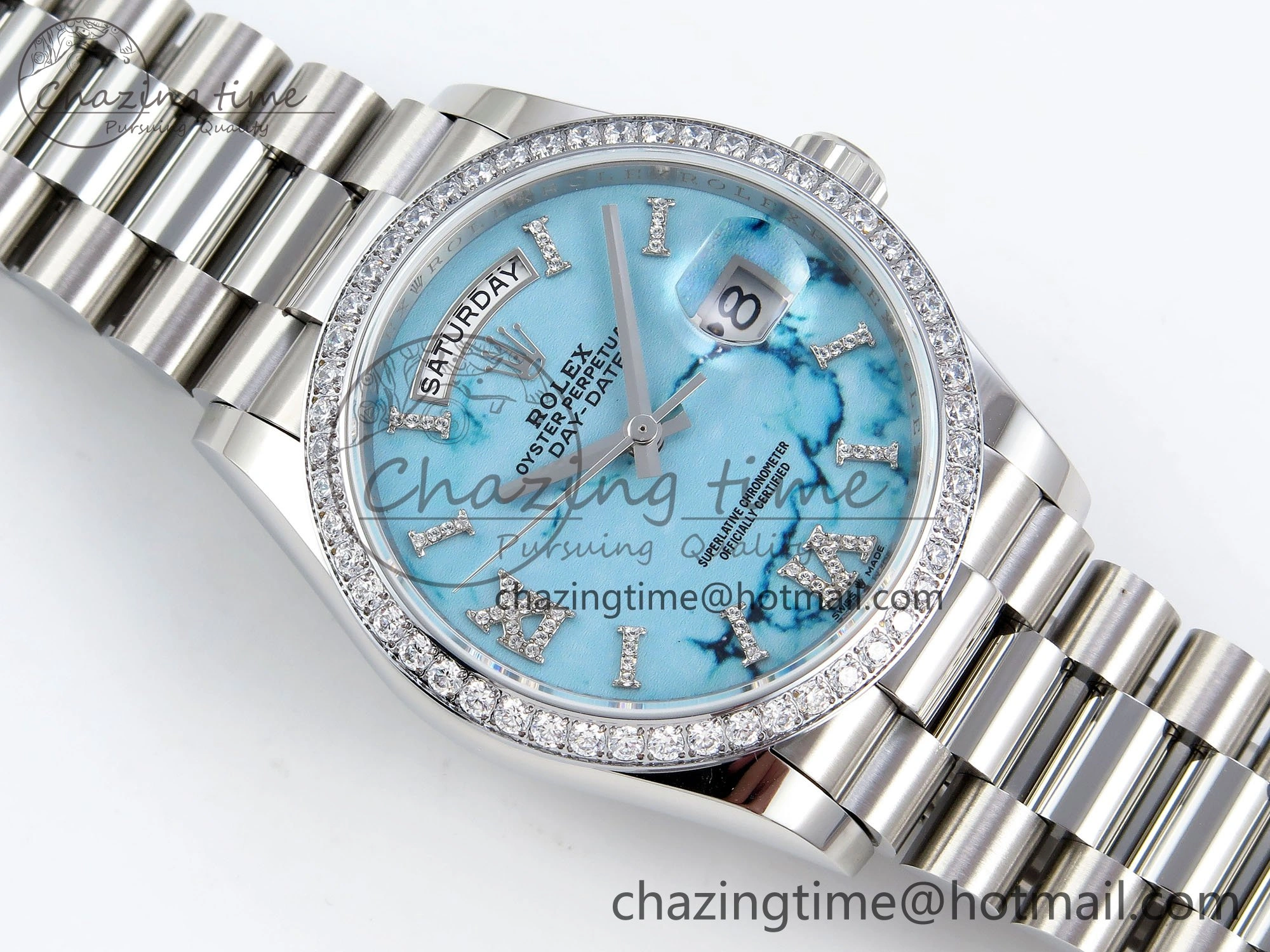 Day Date 36 SS TWSF Best Edition Blue Roman Diamonds Dial Diamonds Bezel on SS Bracelet A Minimalist 1600