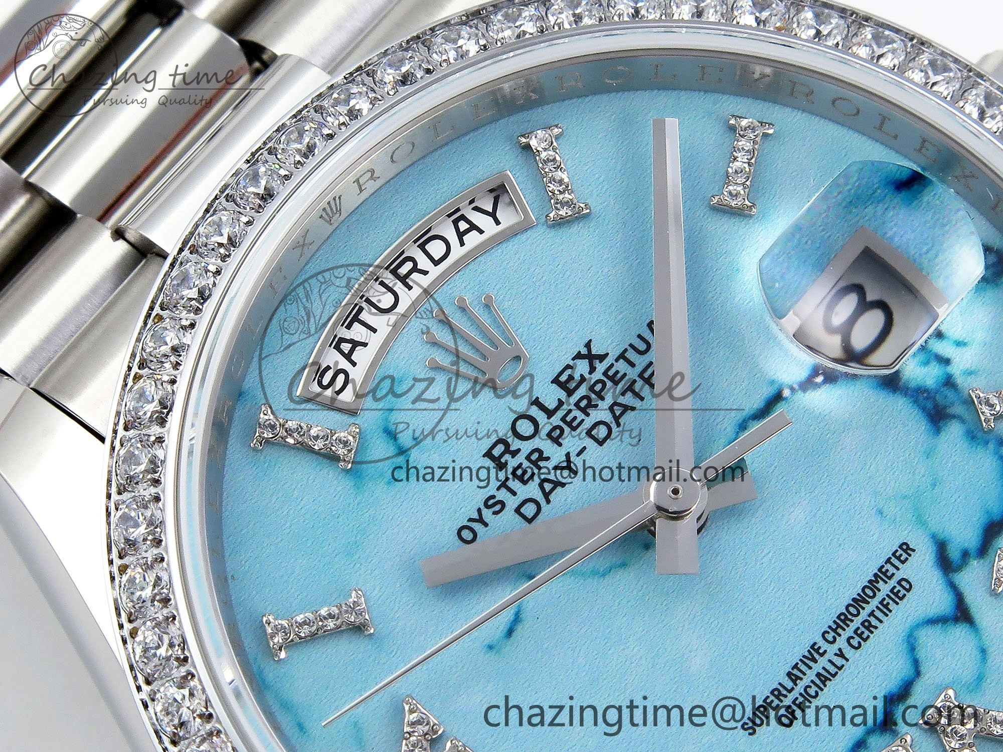 Day Date 36 SS TWSF Best Edition Blue Roman Diamonds Dial Diamonds Bezel on SS Bracelet A Minimalist 1600