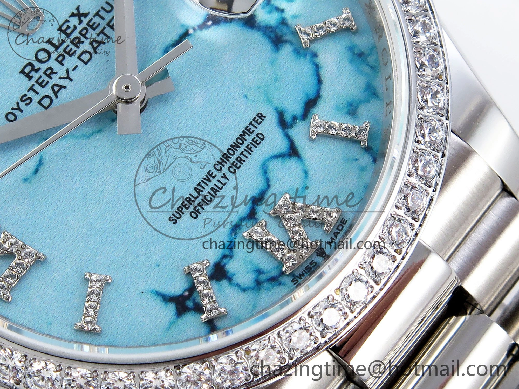 Day Date 36 SS TWSF Best Edition Blue Roman Diamonds Dial Diamonds Bezel on SS Bracelet A Minimalist 1600
