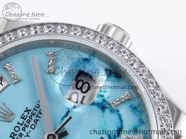 Day Date 36 SS TWSF Best Edition Blue Roman Diamonds Dial Diamonds Bezel on SS Bracelet A Minimalist 1600
