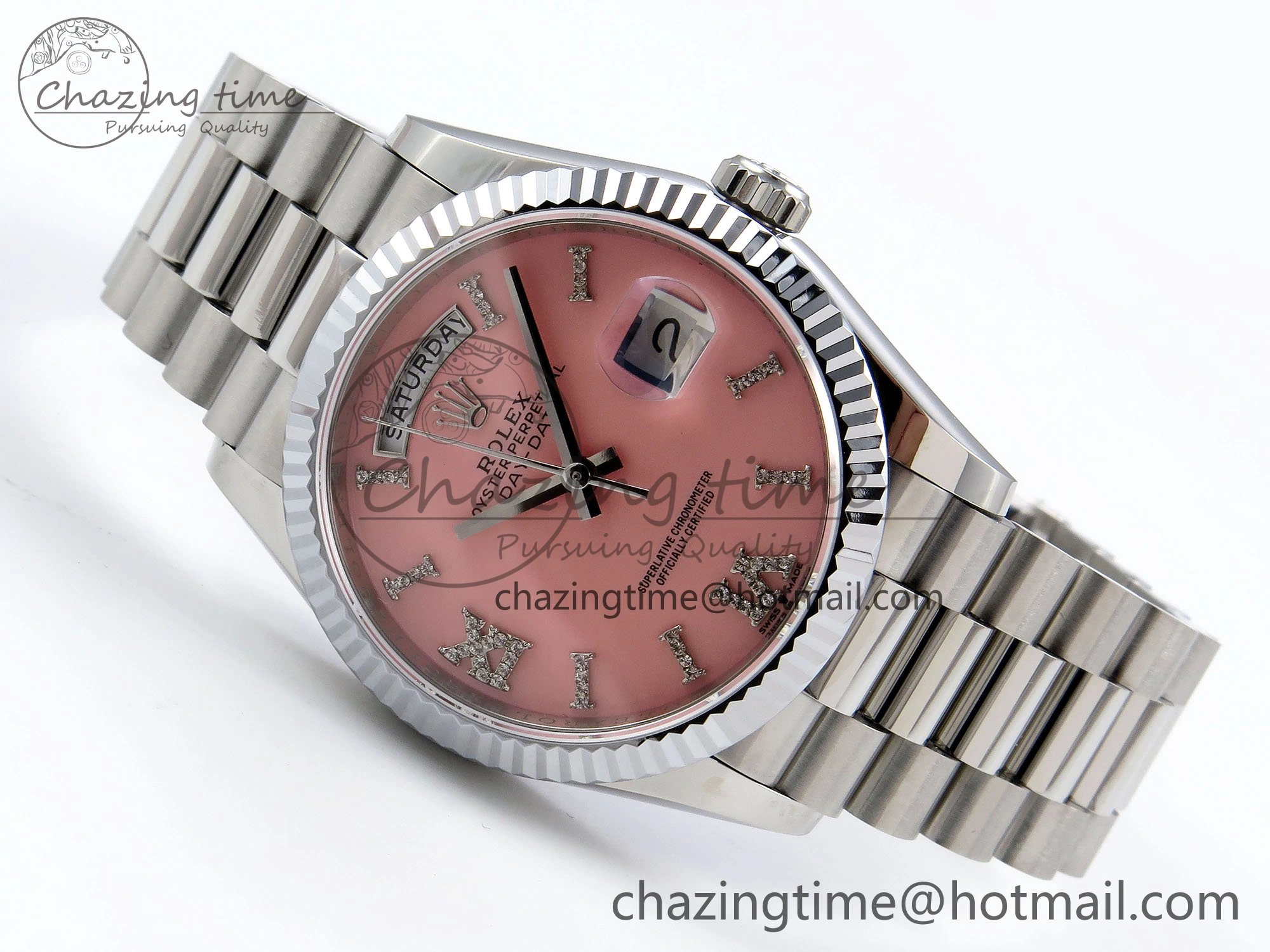 ModernLook Day Date 36 SS TWSF Best Edition Pink Roman Diamonds Dial on SS Bracelet A 1605