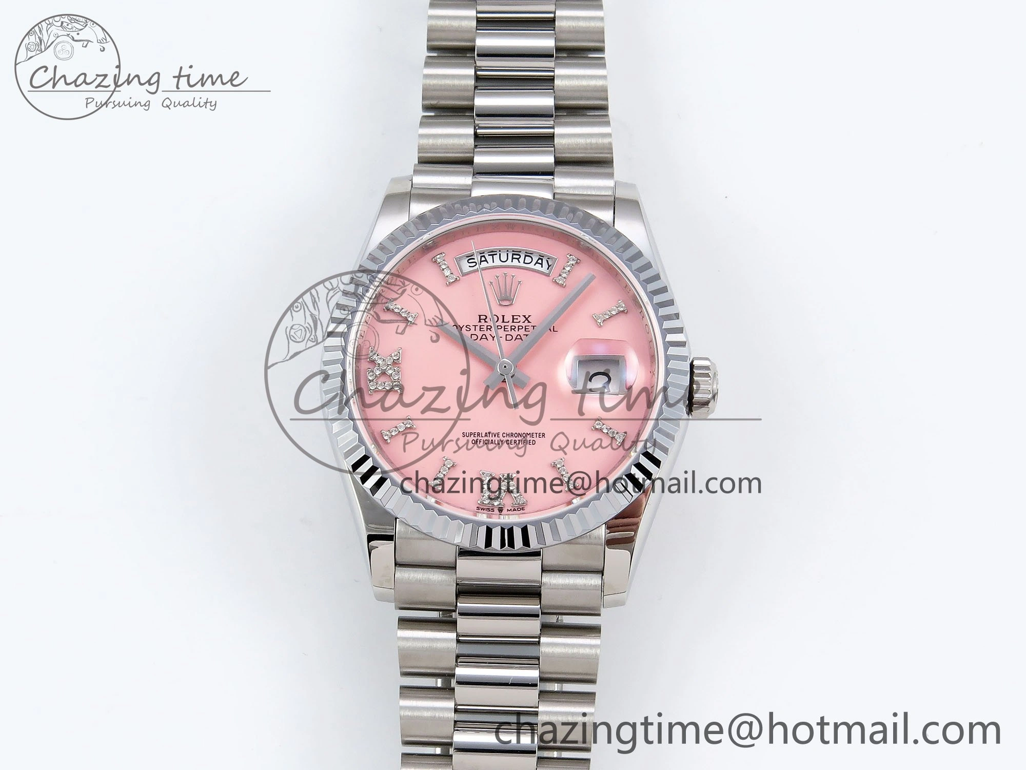 ModernLook Day Date 36 SS TWSF Best Edition Pink Roman Diamonds Dial on SS Bracelet A 1605