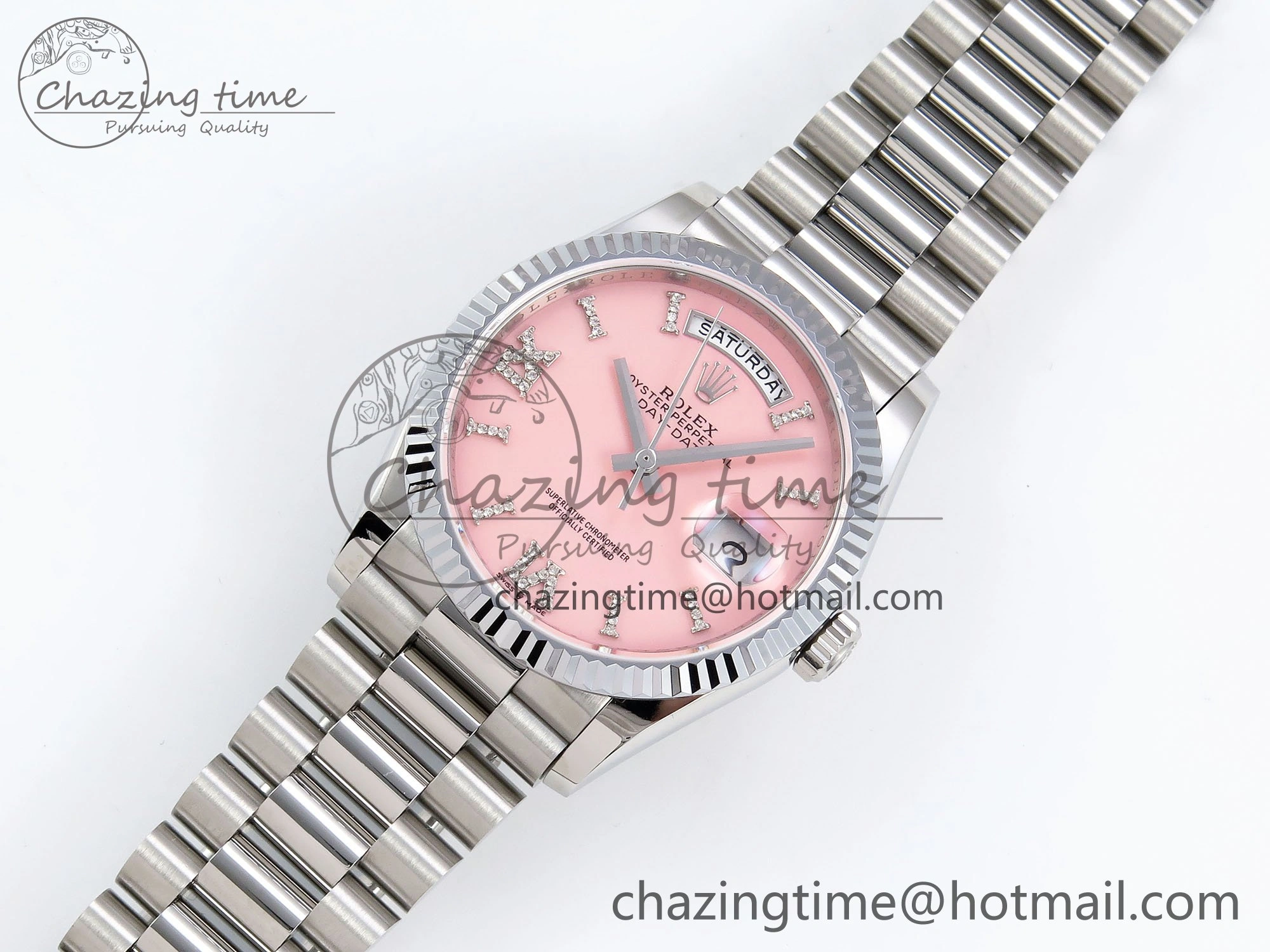 ModernLook Day Date 36 SS TWSF Best Edition Pink Roman Diamonds Dial on SS Bracelet A 1605