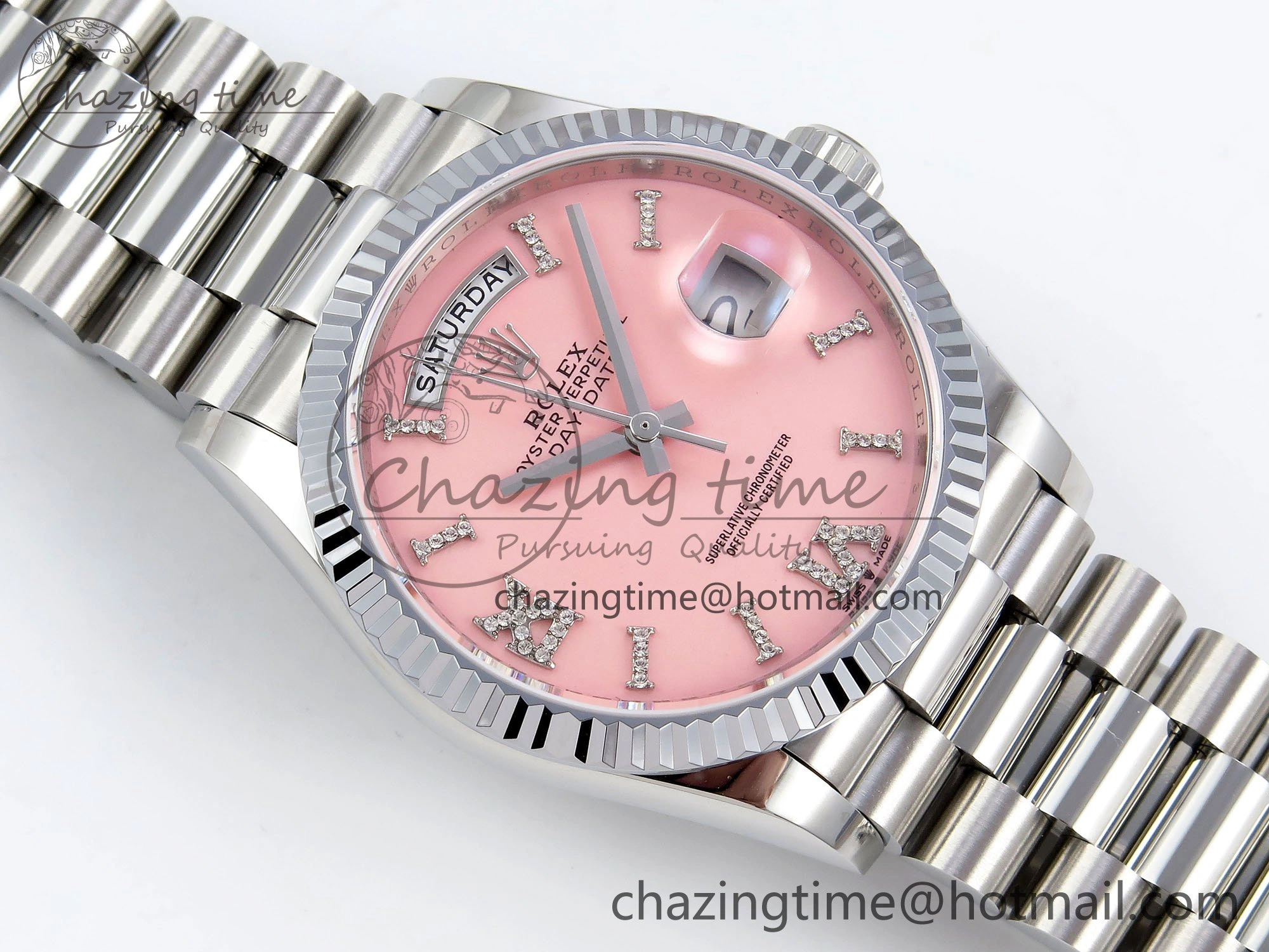 ModernLook Day Date 36 SS TWSF Best Edition Pink Roman Diamonds Dial on SS Bracelet A 1605