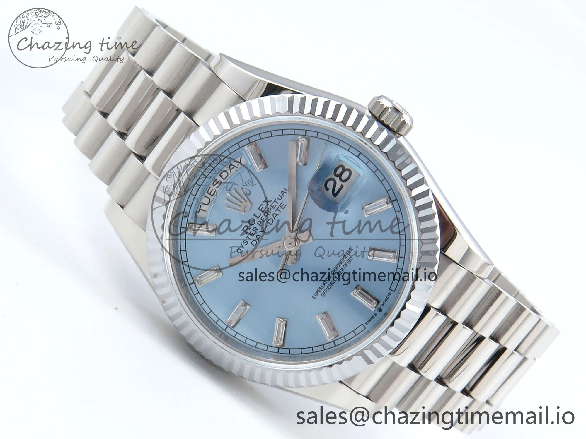 Day Date 36 YG 128236 KF 1:1 Best Edition Ice Blue Crystal Dial on President Bracelet A2836 (Gain Weight) FlexibleFit 500