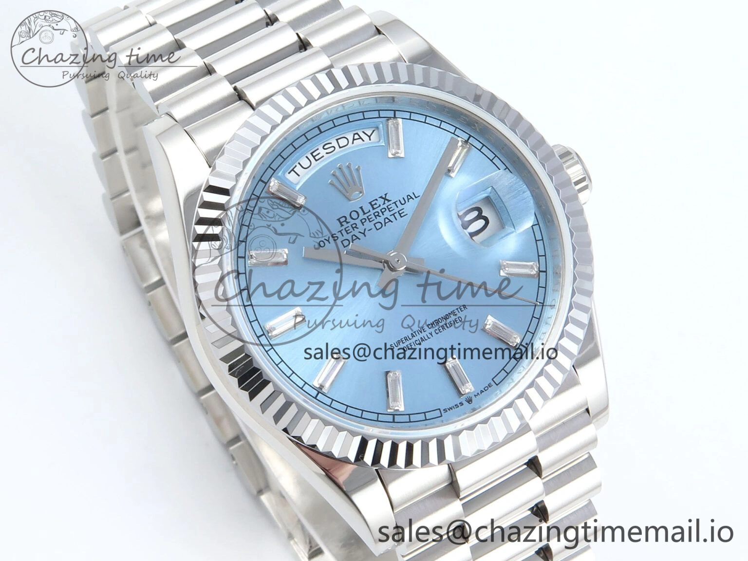 Day Date 36 YG 128236 KF 1:1 Best Edition Ice Blue Crystal Dial on President Bracelet A2836 (Gain Weight) FlexibleFit 500
