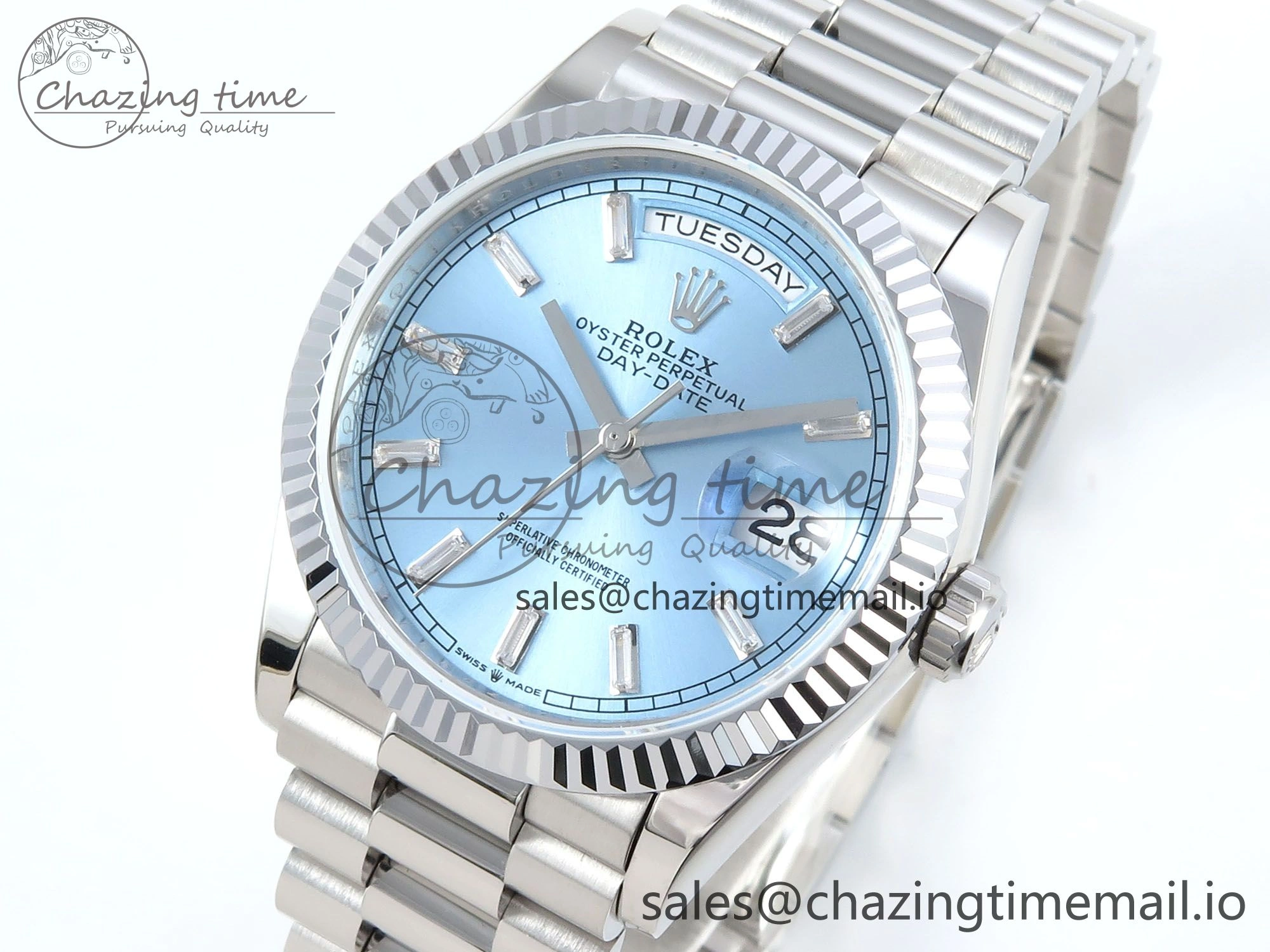 Day Date 36 YG 128236 KF 1:1 Best Edition Ice Blue Crystal Dial on President Bracelet A2836 (Gain Weight) FlexibleFit 500