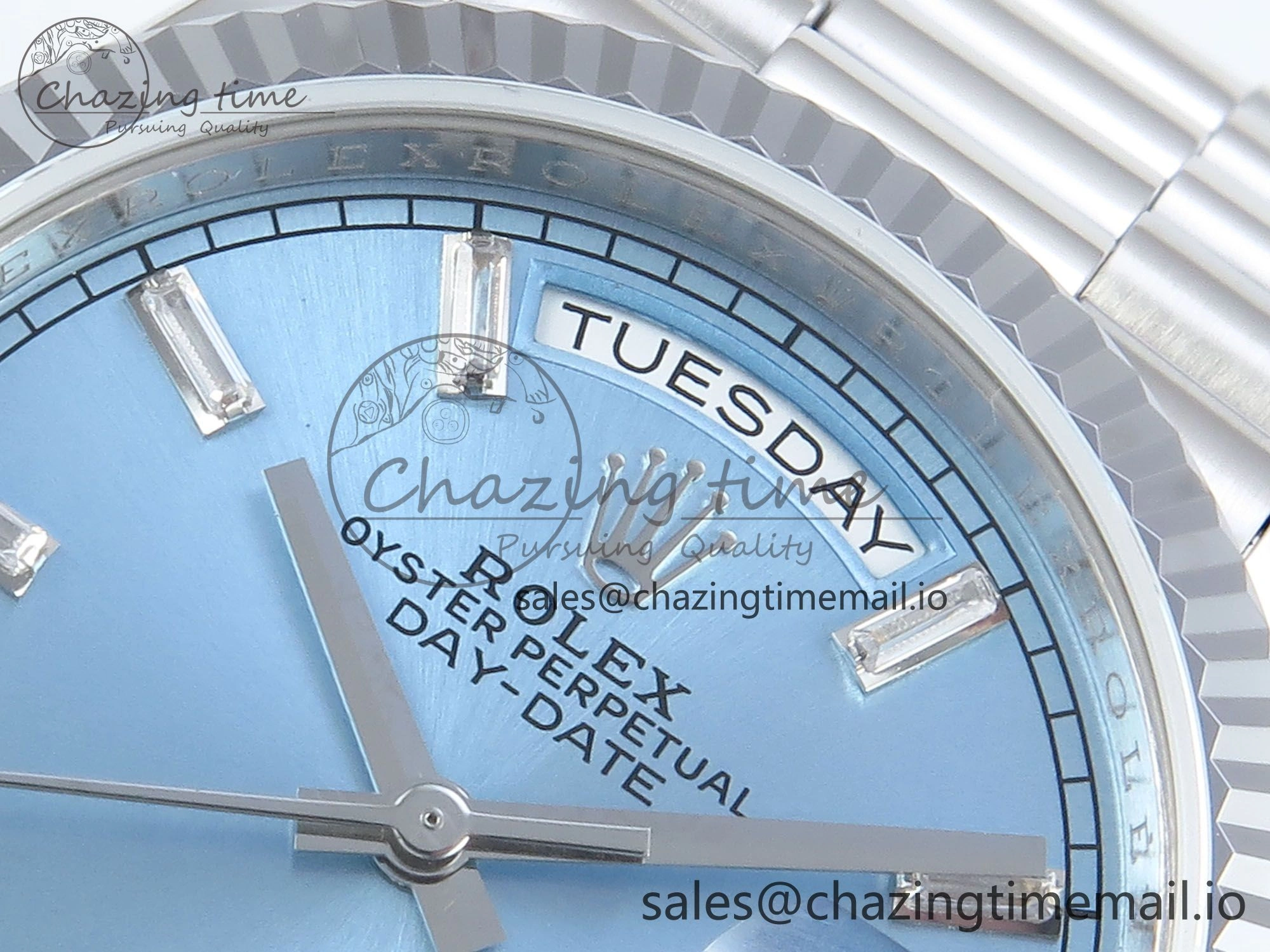 Day Date 36 YG 128236 KF 1:1 Best Edition Ice Blue Crystal Dial on President Bracelet A2836 (Gain Weight) FlexibleFit 500