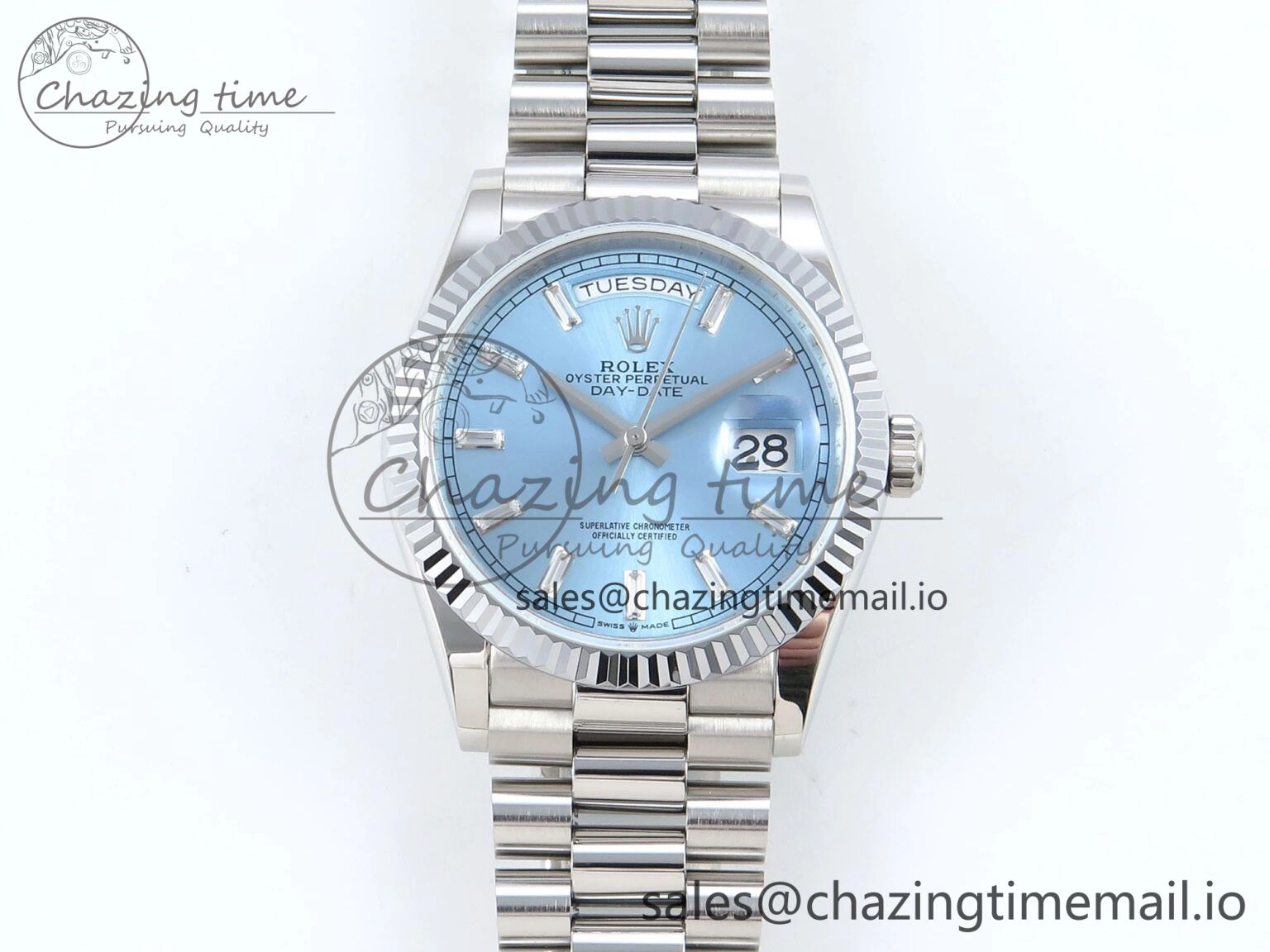Day Date 36 YG 128236 KF 1:1 Best Edition Ice Blue Crystal Dial on President Bracelet A2836 (Gain Weight) FlexibleFit 500