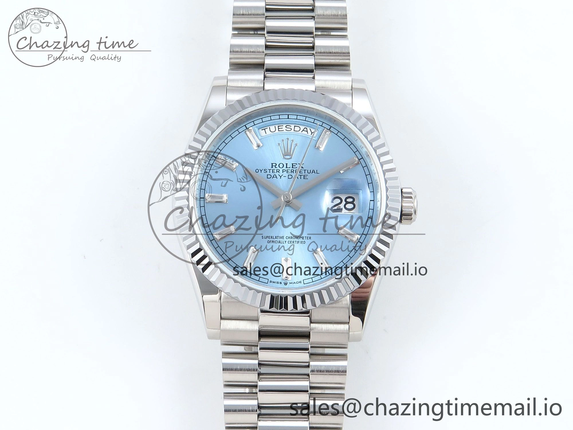 Day Date 36 YG 128236 KF 1:1 Best Edition Ice Blue Crystal Dial on President Bracelet A2836 (Gain Weight) FlexibleFit 500
