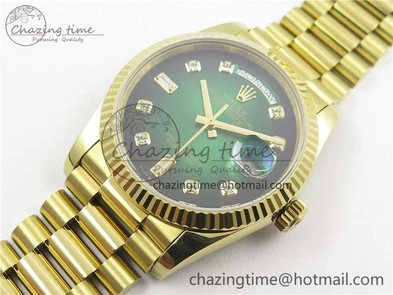Day-Date 36 YG 128239 Bp Maker Best Edition Green Dial Crystral Markers on YG President Bracelet Minimalist 3133