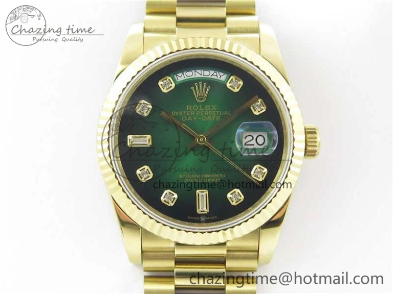 Day-Date 36 YG 128239 Bp Maker Best Edition Green Dial Crystral Markers on YG President Bracelet Minimalist 3133
