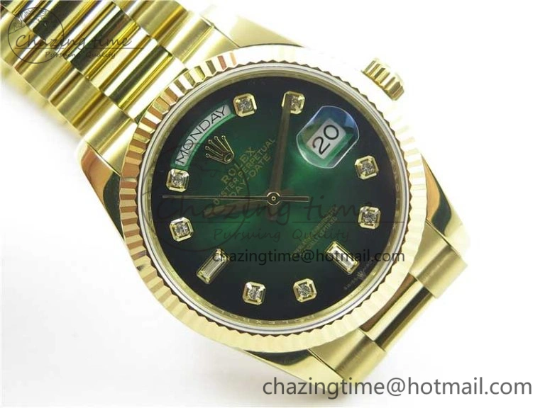 Day-Date 36 YG 128239 Bp Maker Best Edition Green Dial Crystral Markers on YG President Bracelet Minimalist 3133