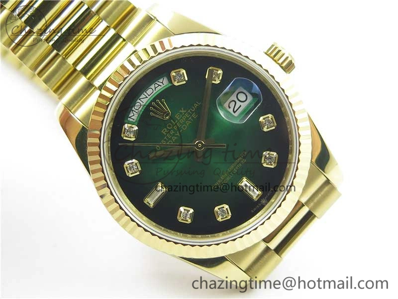 Day-Date 36 YG 128239 Bp Maker Best Edition Green Dial Crystral Markers on YG President Bracelet Minimalist 3133