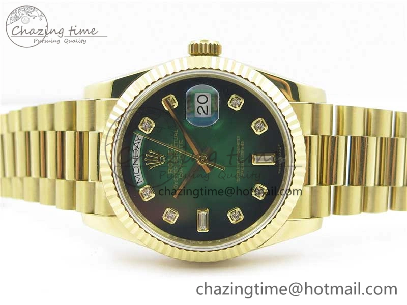 Day-Date 36 YG 128239 Bp Maker Best Edition Green Dial Crystral Markers on YG President Bracelet Minimalist 3133