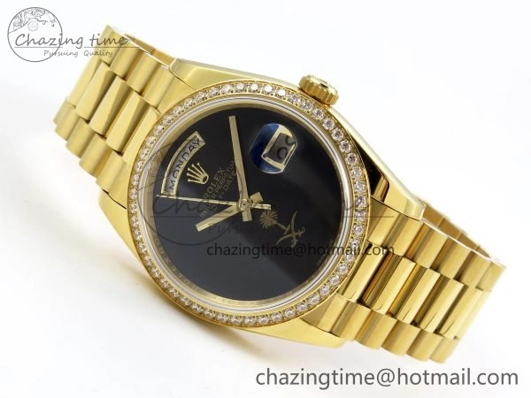 Day Date 36 YG RAF 1:1 Best Edition Black Oman Dial Diamonds Bezel on YG Bracelet A Unique 1525