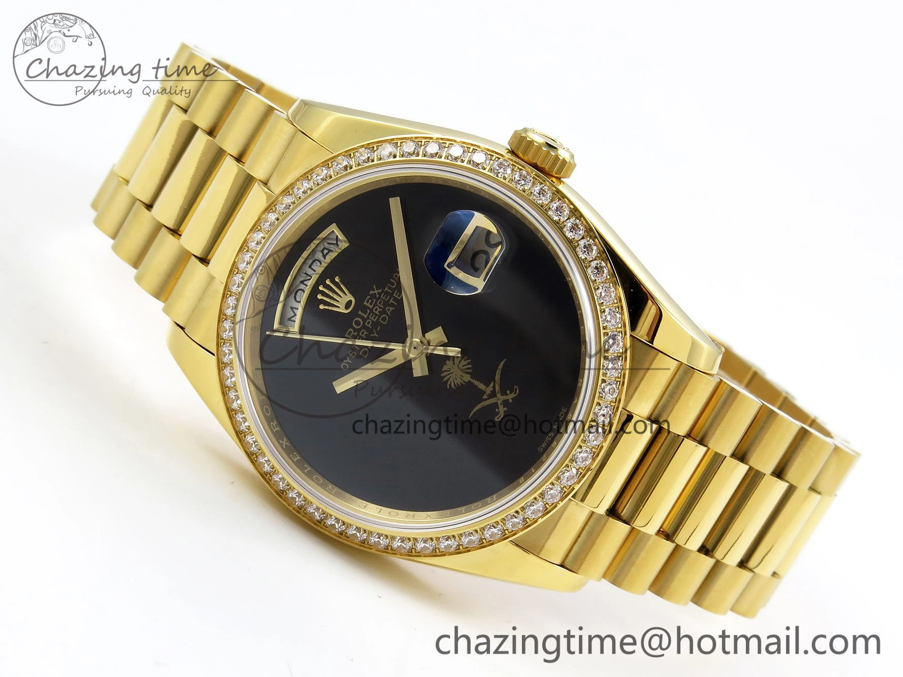 Day Date 36 YG RAF 1:1 Best Edition Black Oman Dial Diamonds Bezel on YG Bracelet A Unique 1525