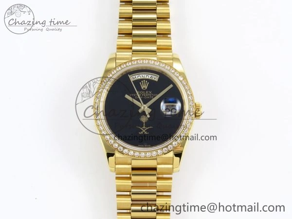 Day Date 36 YG RAF 1:1 Best Edition Black Oman Dial Diamonds Bezel on YG Bracelet A Unique 1525