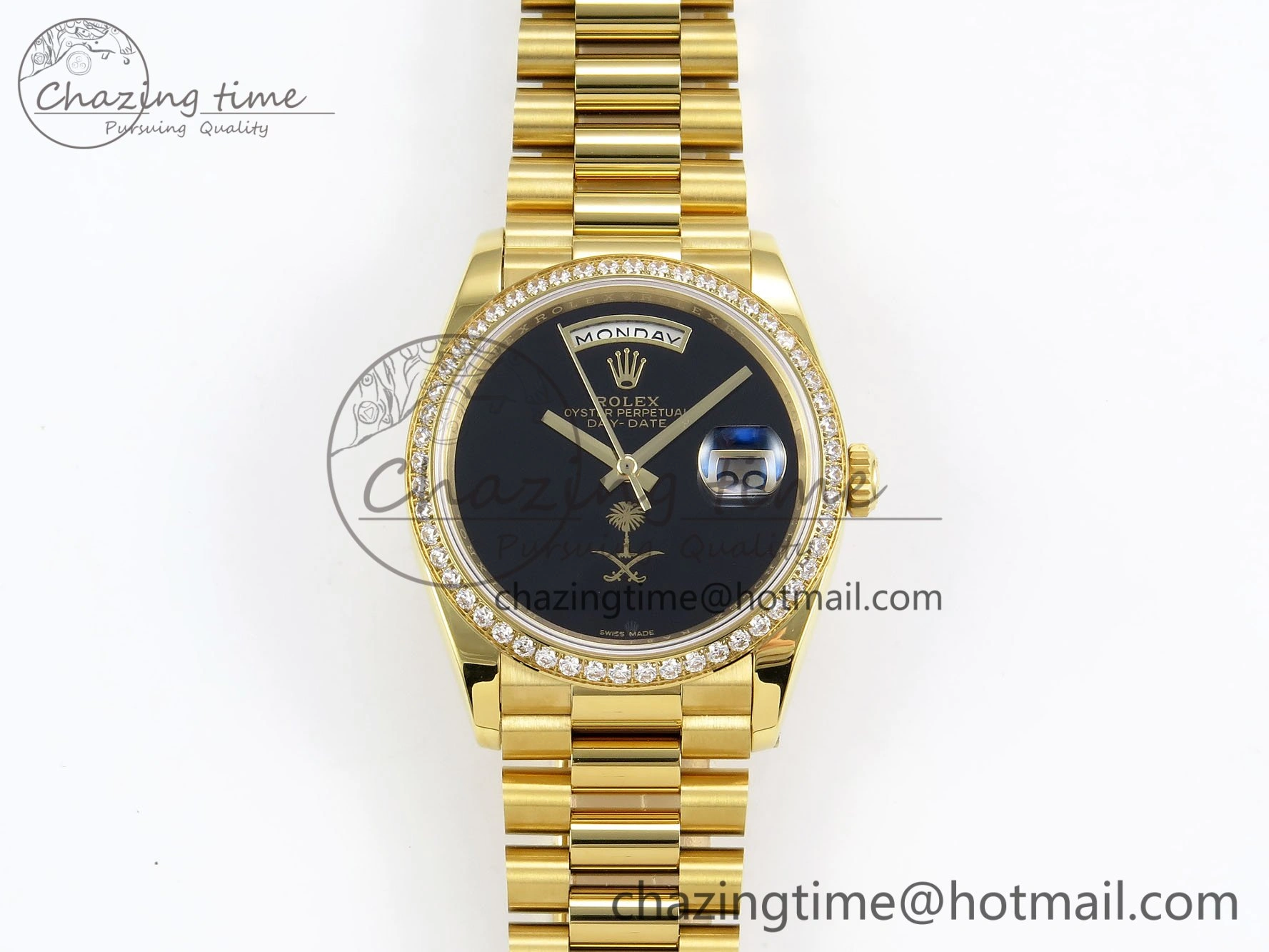 Day Date 36 YG RAF 1:1 Best Edition Black Oman Dial Diamonds Bezel on YG Bracelet A Unique 1525