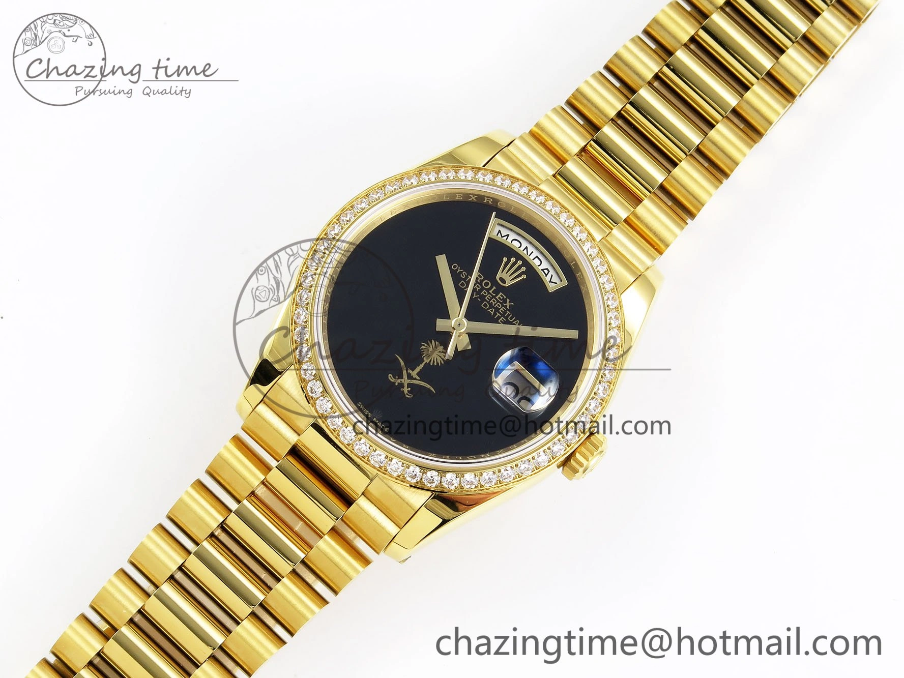 Day Date 36 YG RAF 1:1 Best Edition Black Oman Dial Diamonds Bezel on YG Bracelet A Unique 1525